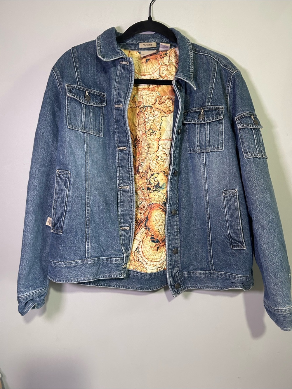 Ruff Hewn Denim Utility Jacket Women’s Large Quilted World Map Lined Y2K
